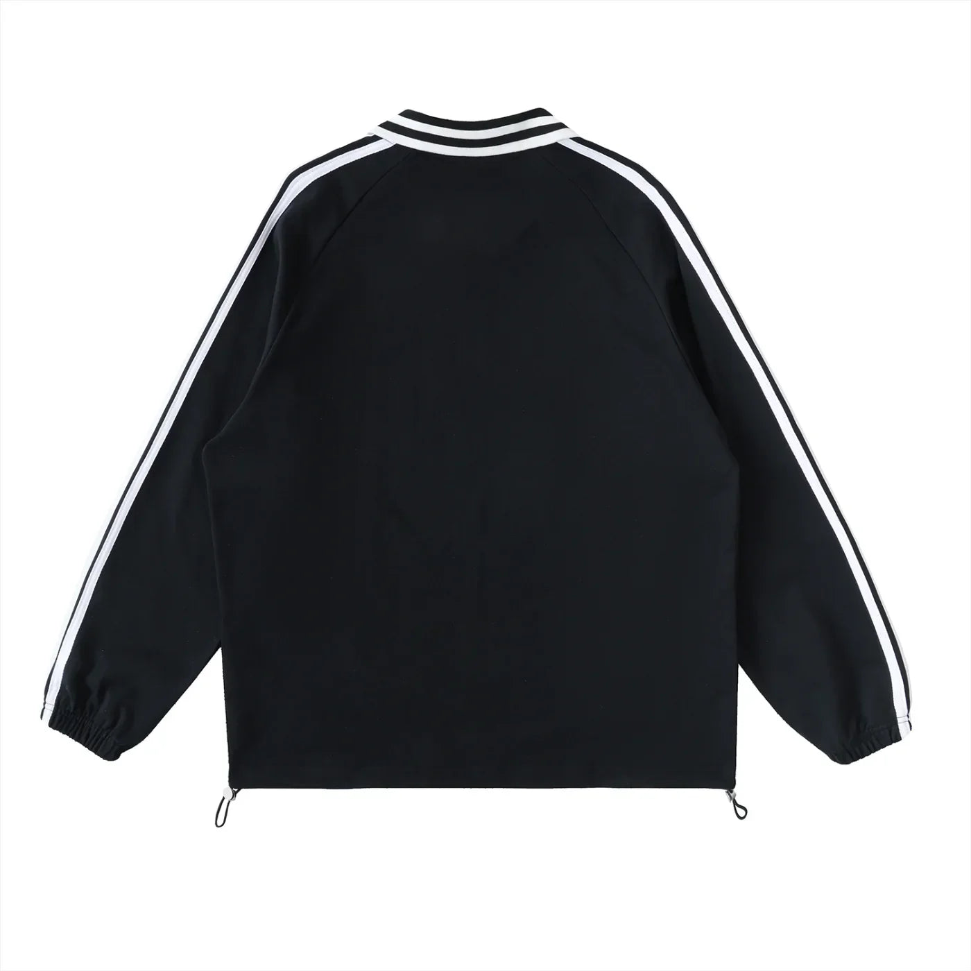 Black track jacket with white double stripes on sleeves and collar, streetwear style
