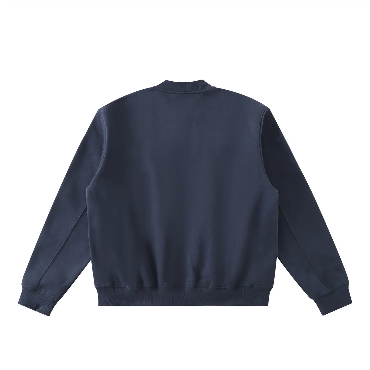 Back view of a navy blue heavyweight sweatshirt with ribbed collar and cuffs on white background