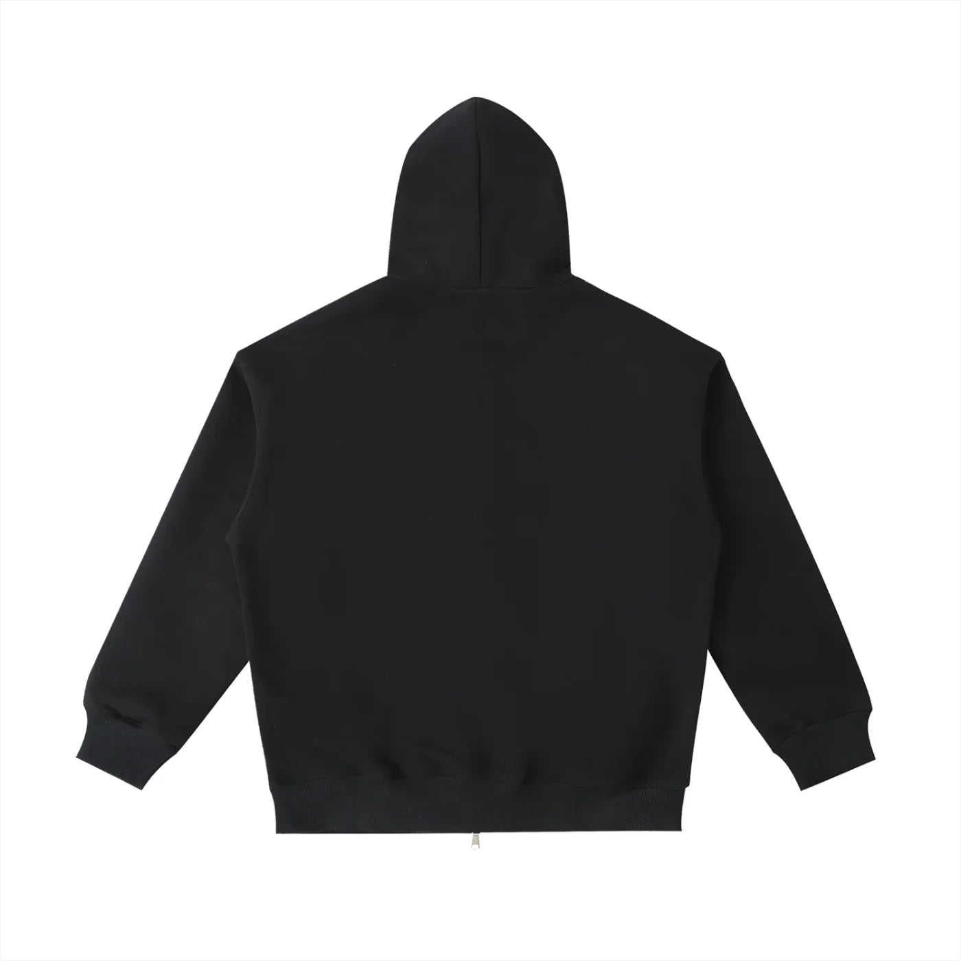 Back view of heavyweight black hoodie with hood and ribbed cuffs on white background