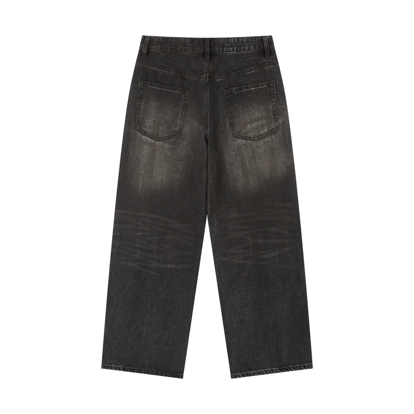 Back view of vintage wash black wide-leg jeans with two rear pockets