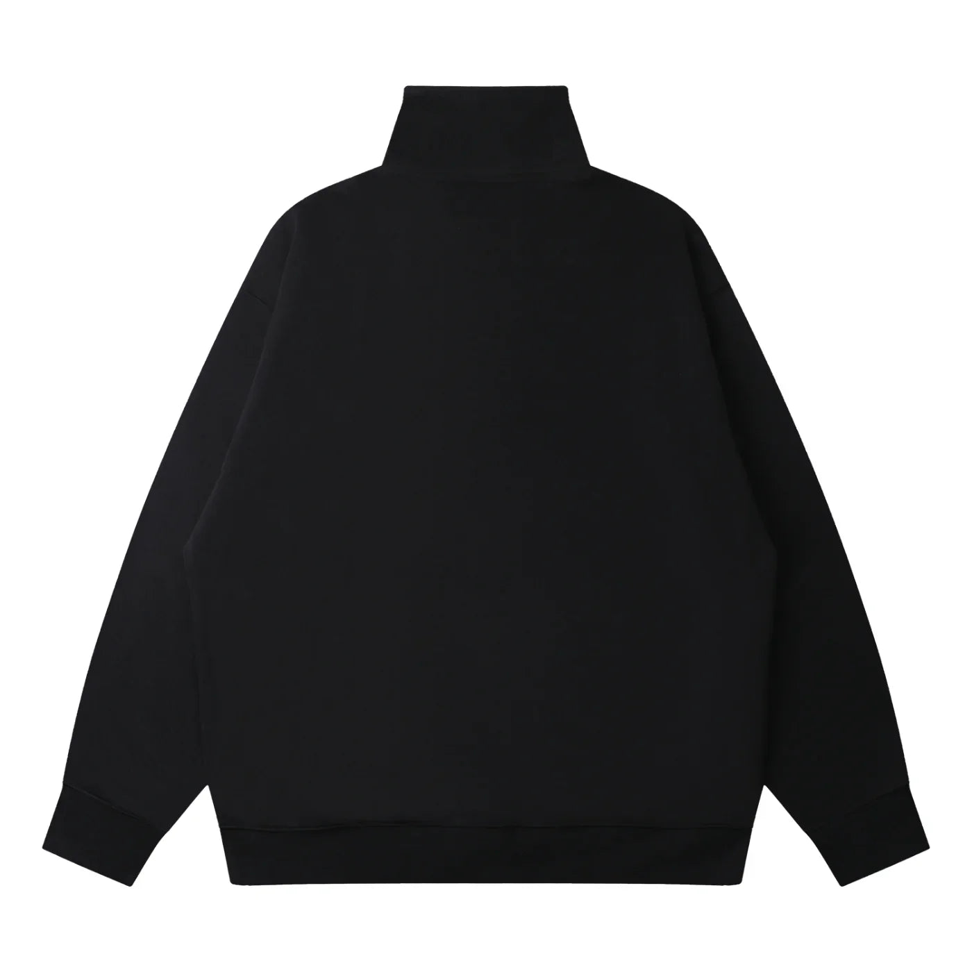 Back view of a black heavyweight high-collar streetwear sweatshirt with long sleeves