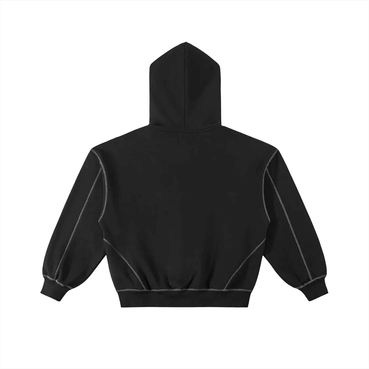 Back view of black heavyweight hooded sweatshirt with contrast stitching and boxy fit