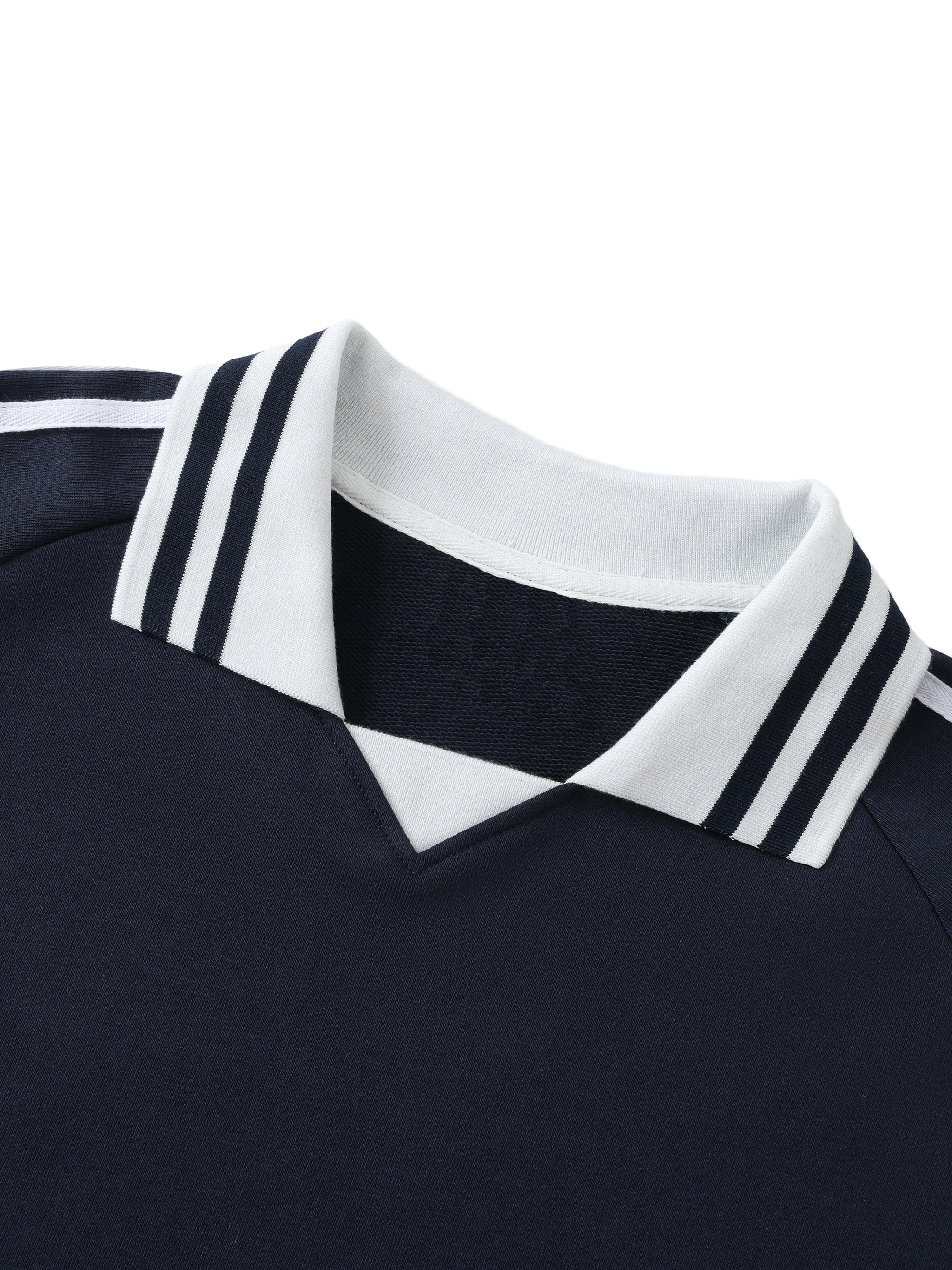 Navy heavyweight pullover with white striped collar and shoulder detail, streetwear style