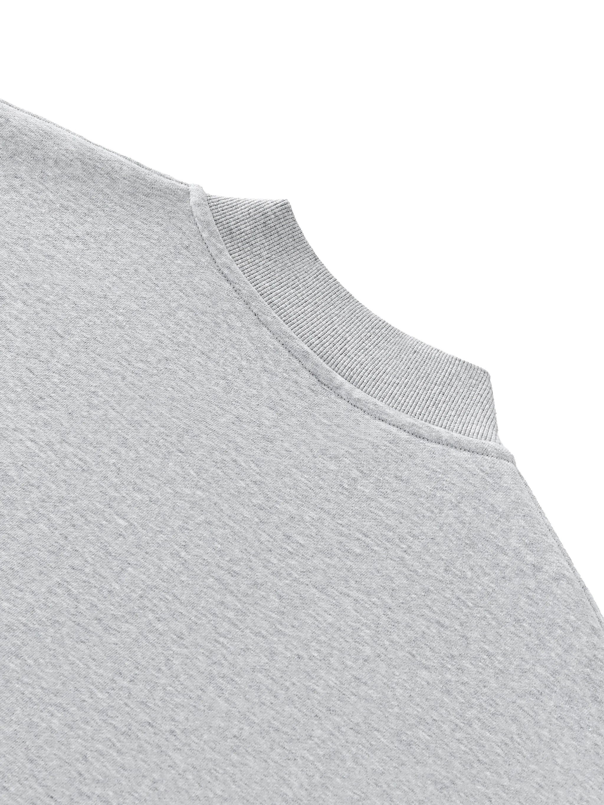 Close-up of light grey heavyweight sweatshirt with ribbed crew neck collar