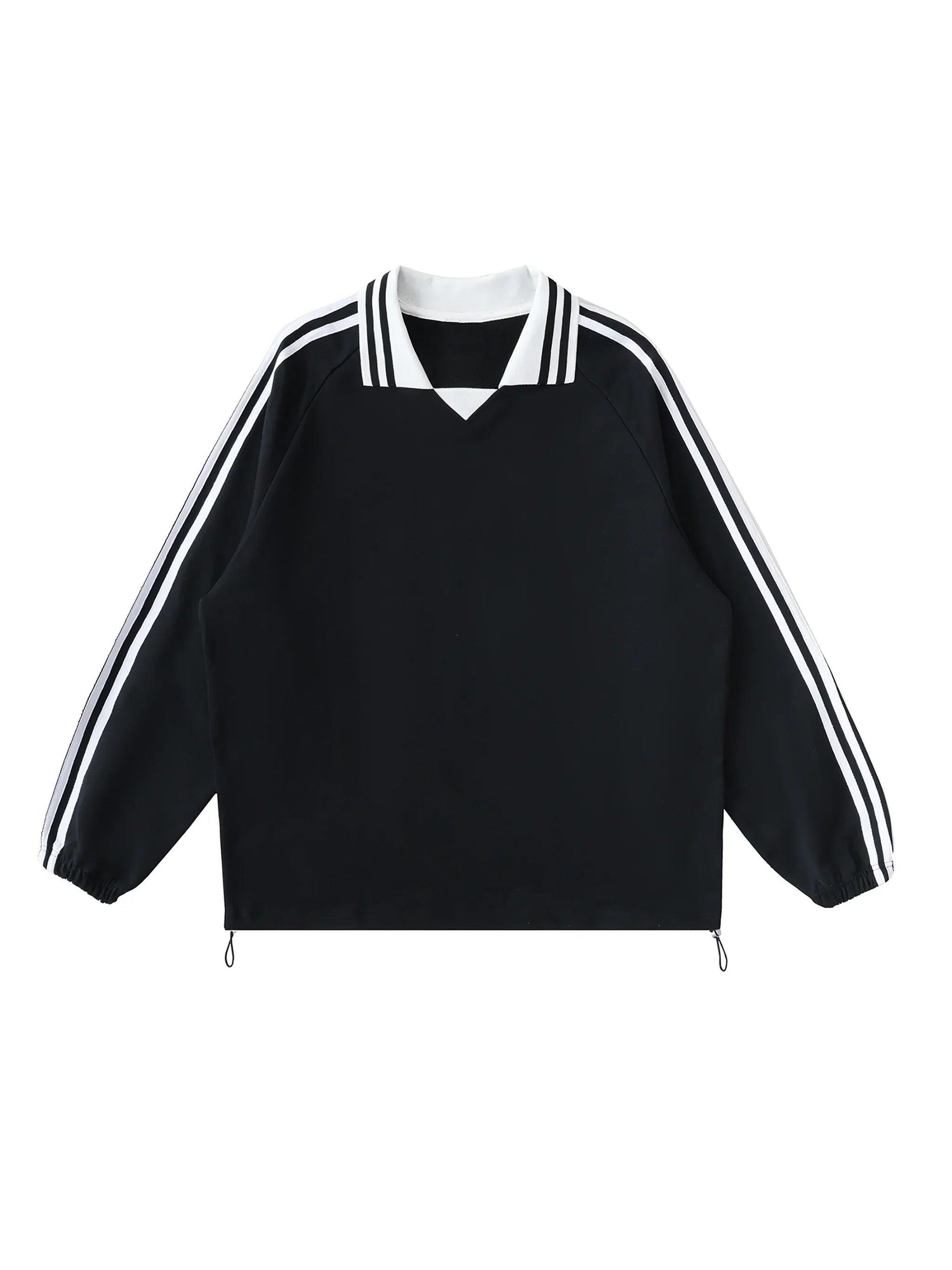 Black heavyweight sweatshirt with white striped collar and sleeves, relaxed streetwear fit