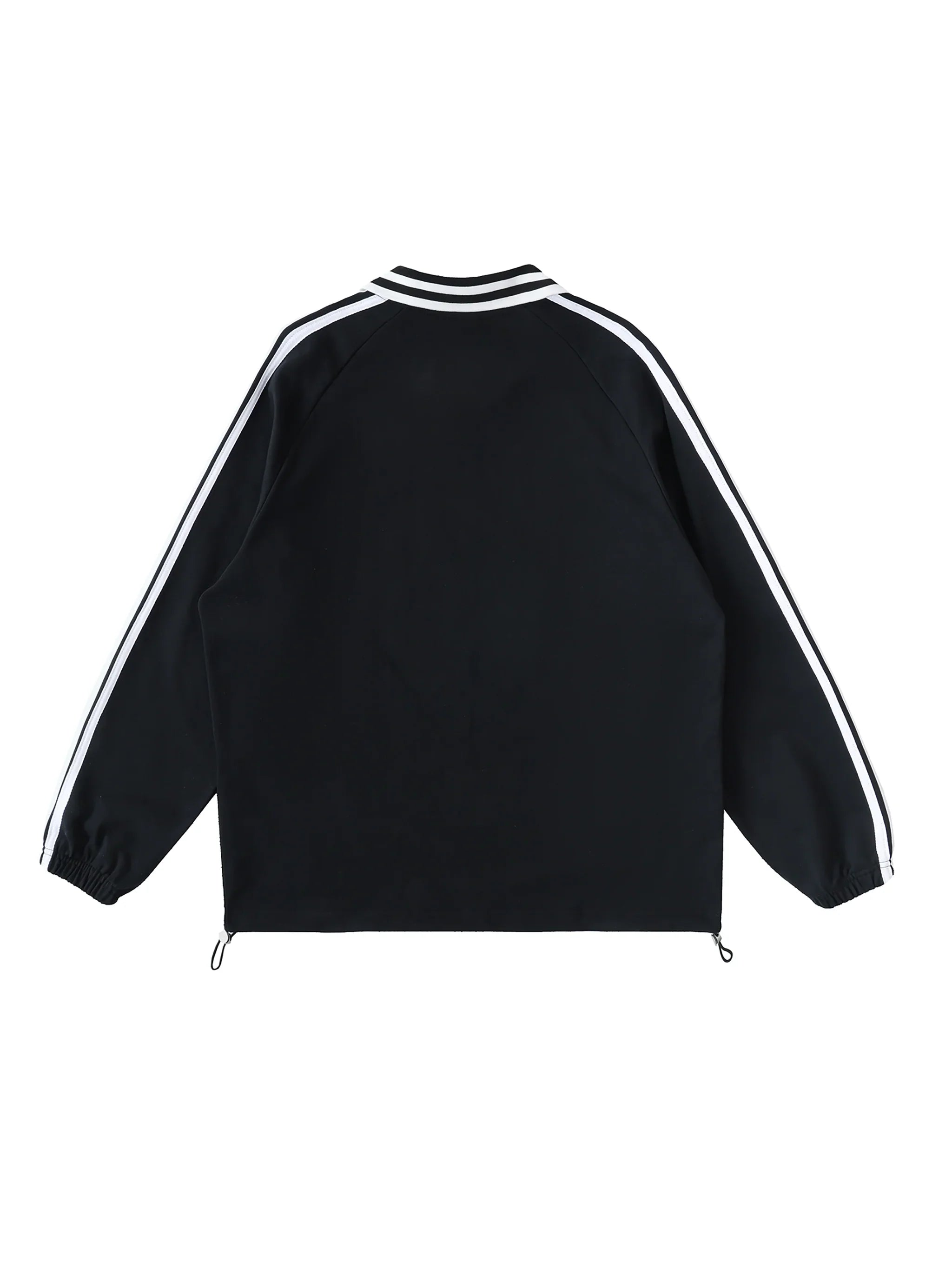 Black streetwear jacket with white stripes on sleeves and collar, back view
