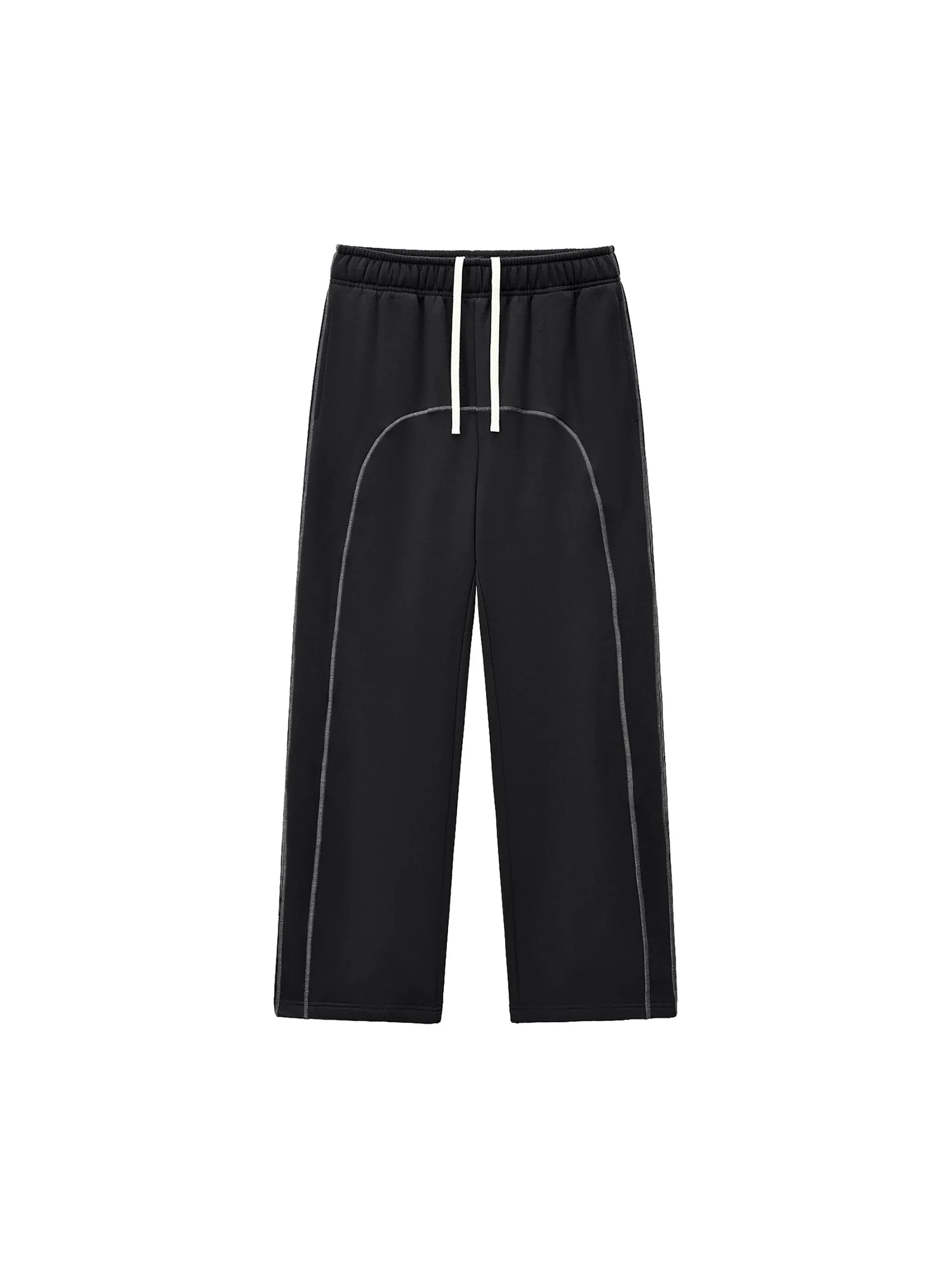 Black wide-leg streetwear pants with white drawstrings and contrast stitching on white background