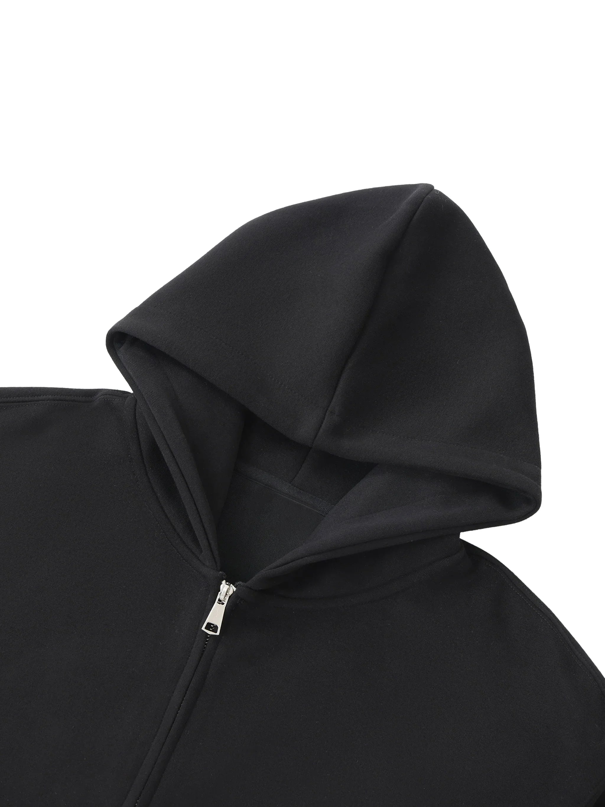 Black heavyweight zip-up hoodie with metal zipper, streetwear essential