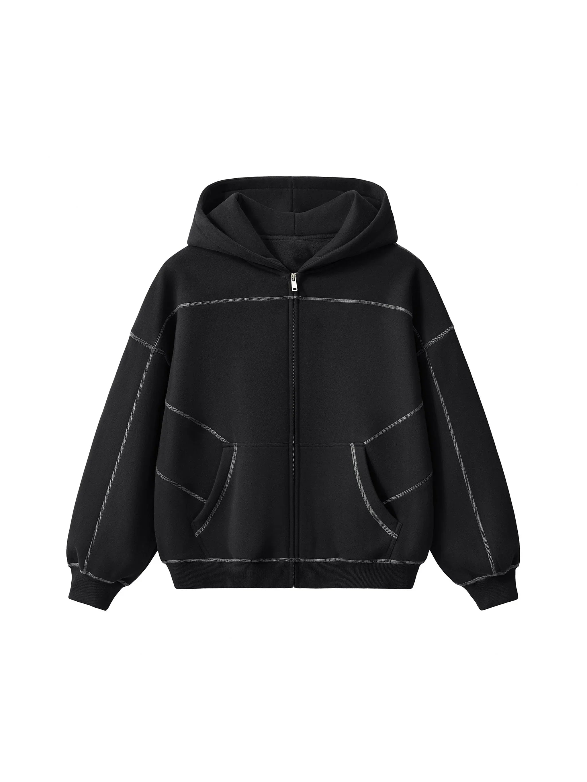 Black heavyweight zip up hoodie with contrast stitched seams and front pockets
