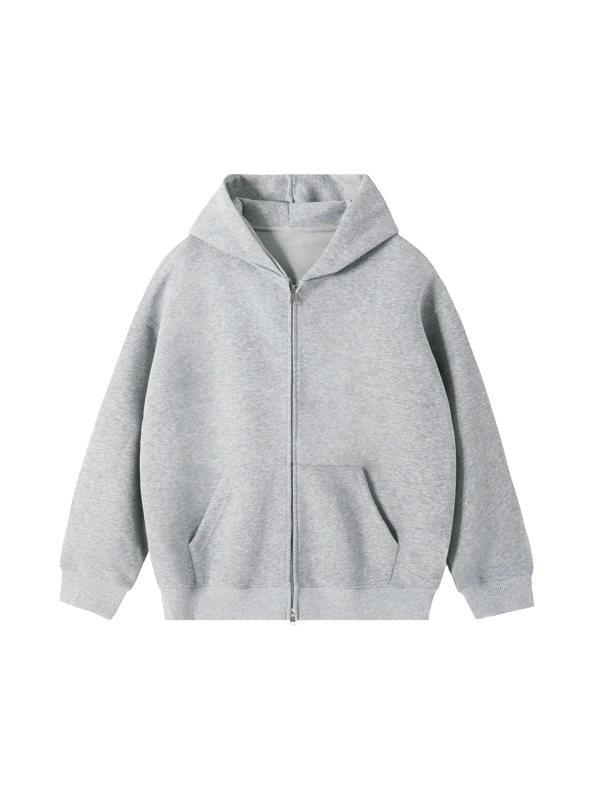 Light grey heavyweight zip-up hoodie with pockets and relaxed fit, streetwear style
