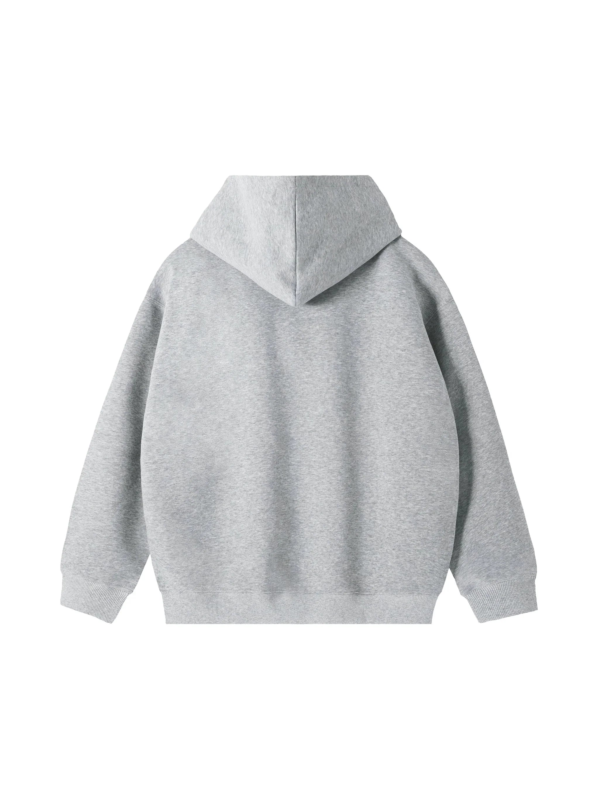 Back view of a gray heavyweight streetwear hoodie with hood and ribbed cuffs