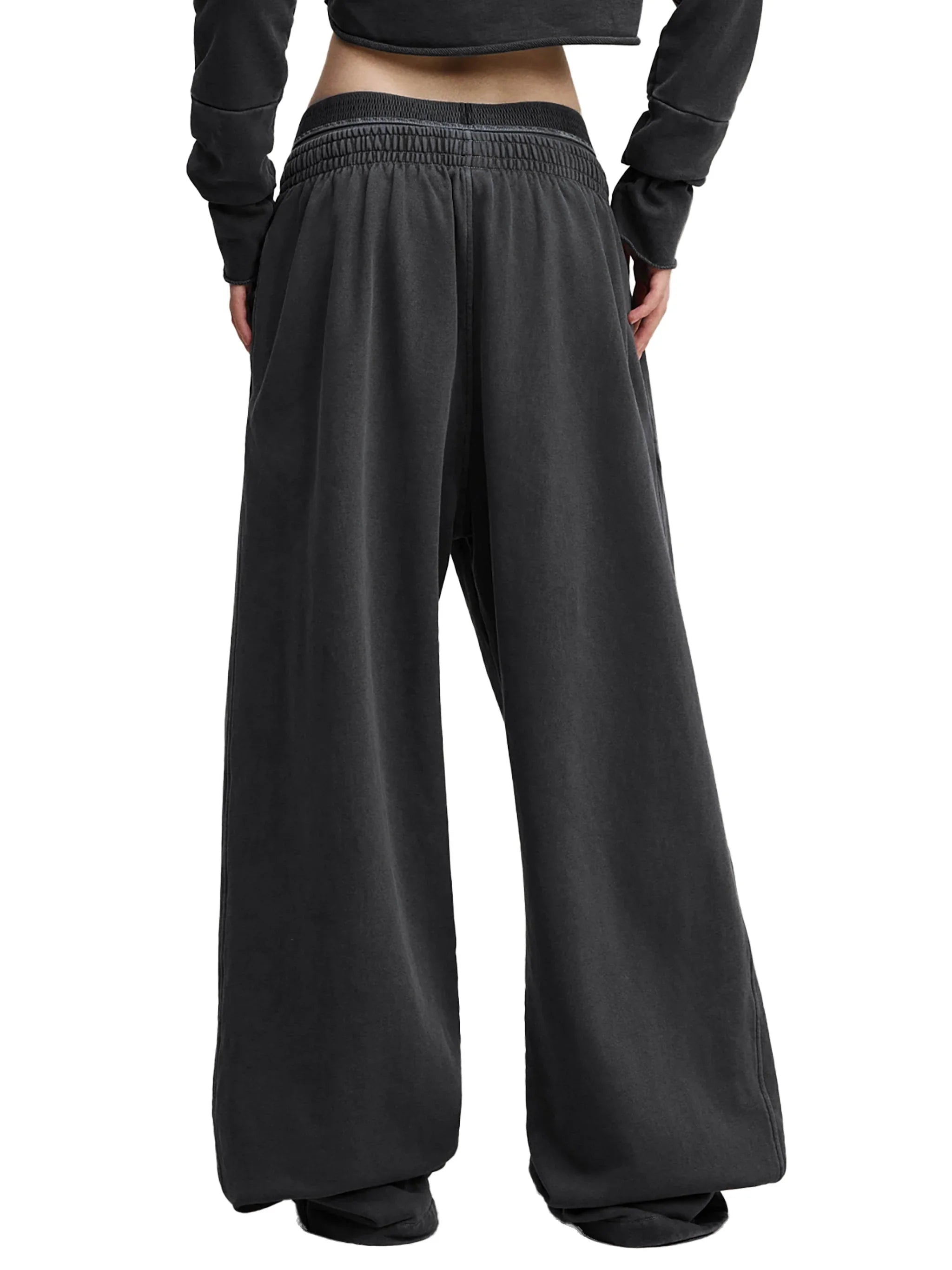 Back view of black wide-leg sweatpants with elastic waistband, modern streetwear style
