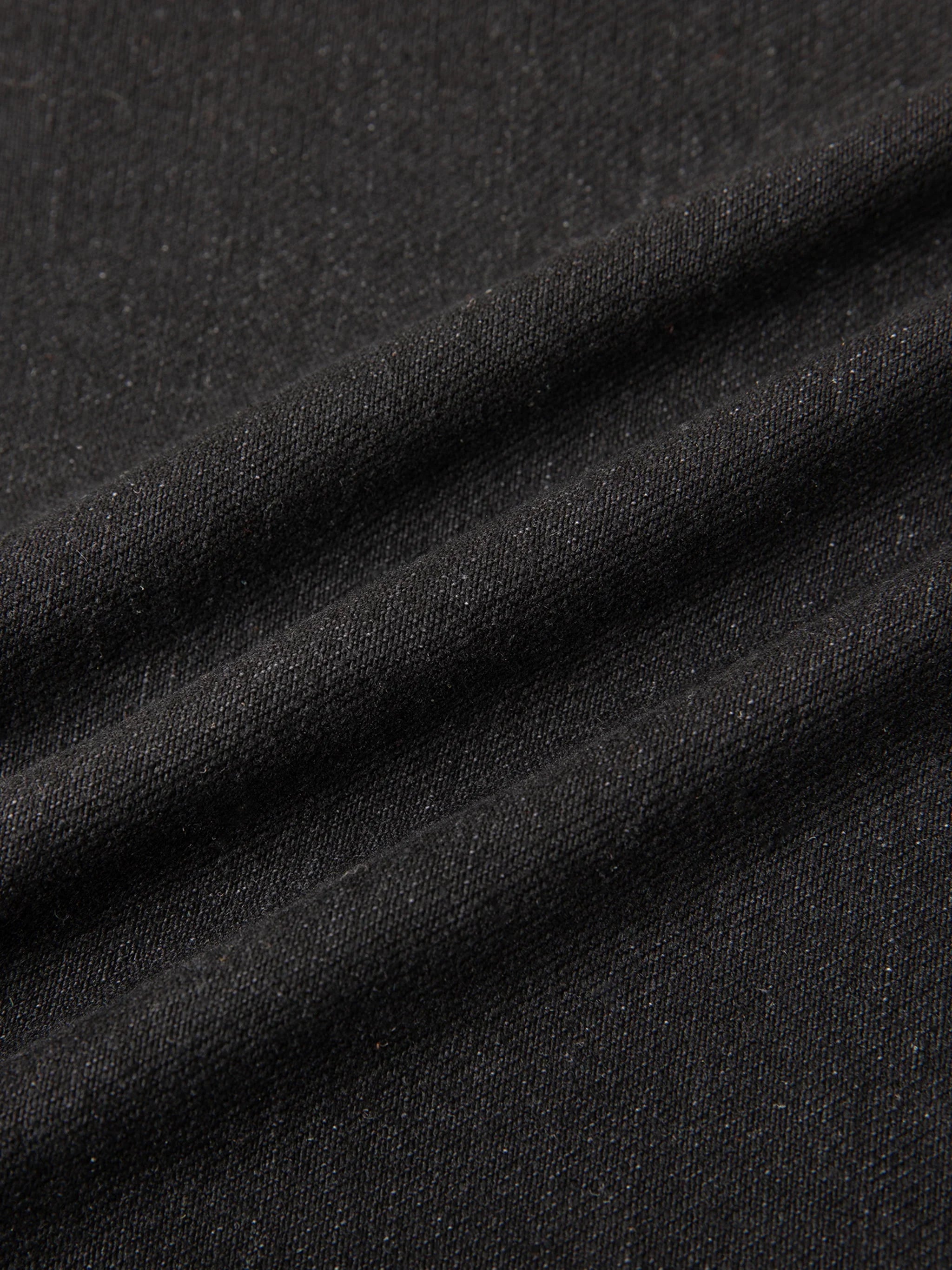 Close-up of heavyweight black cotton fabric with visible texture and folds