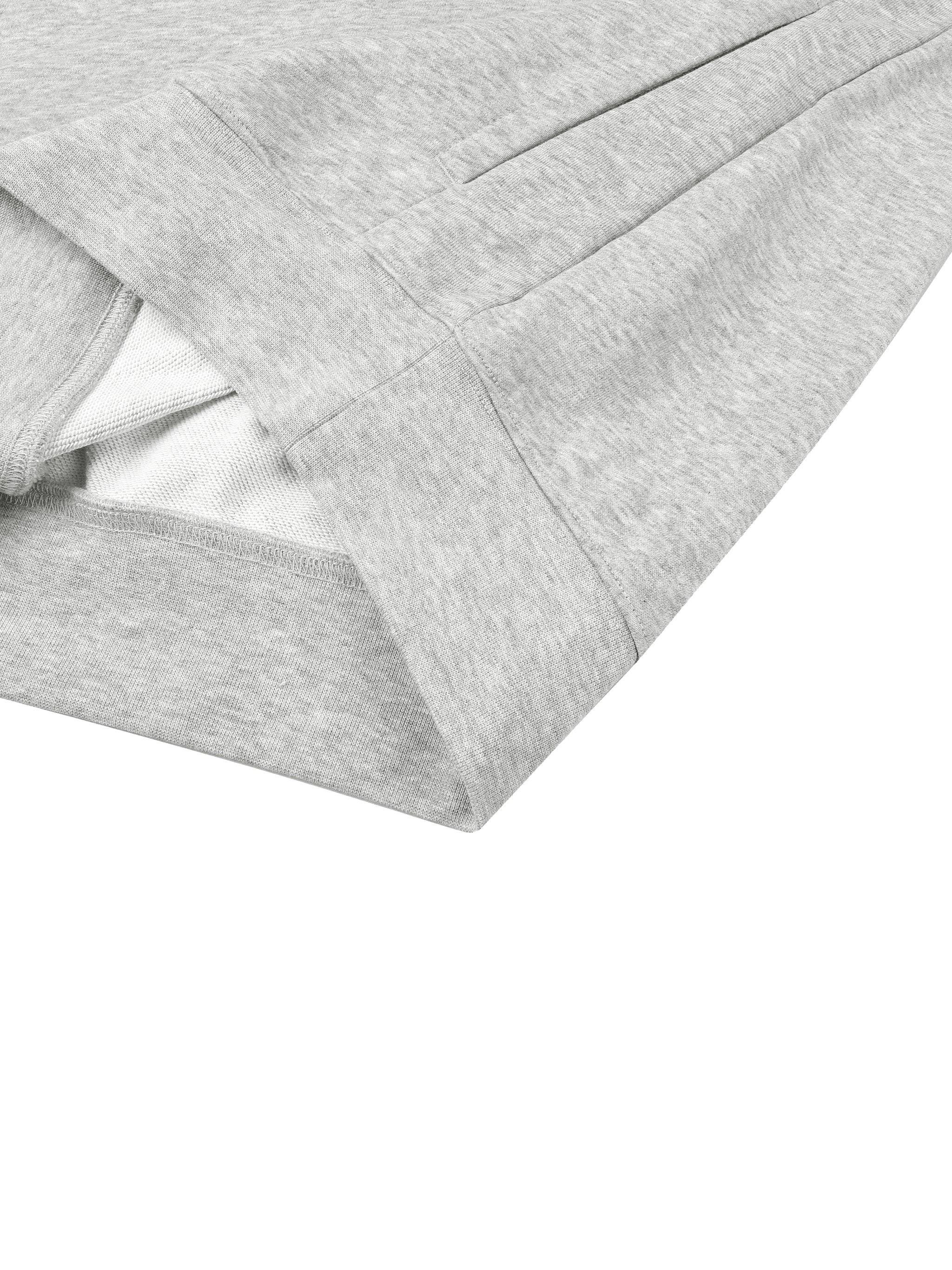 Light grey heavyweight hoodie hem detail, soft fleece lining, premium streetwear style