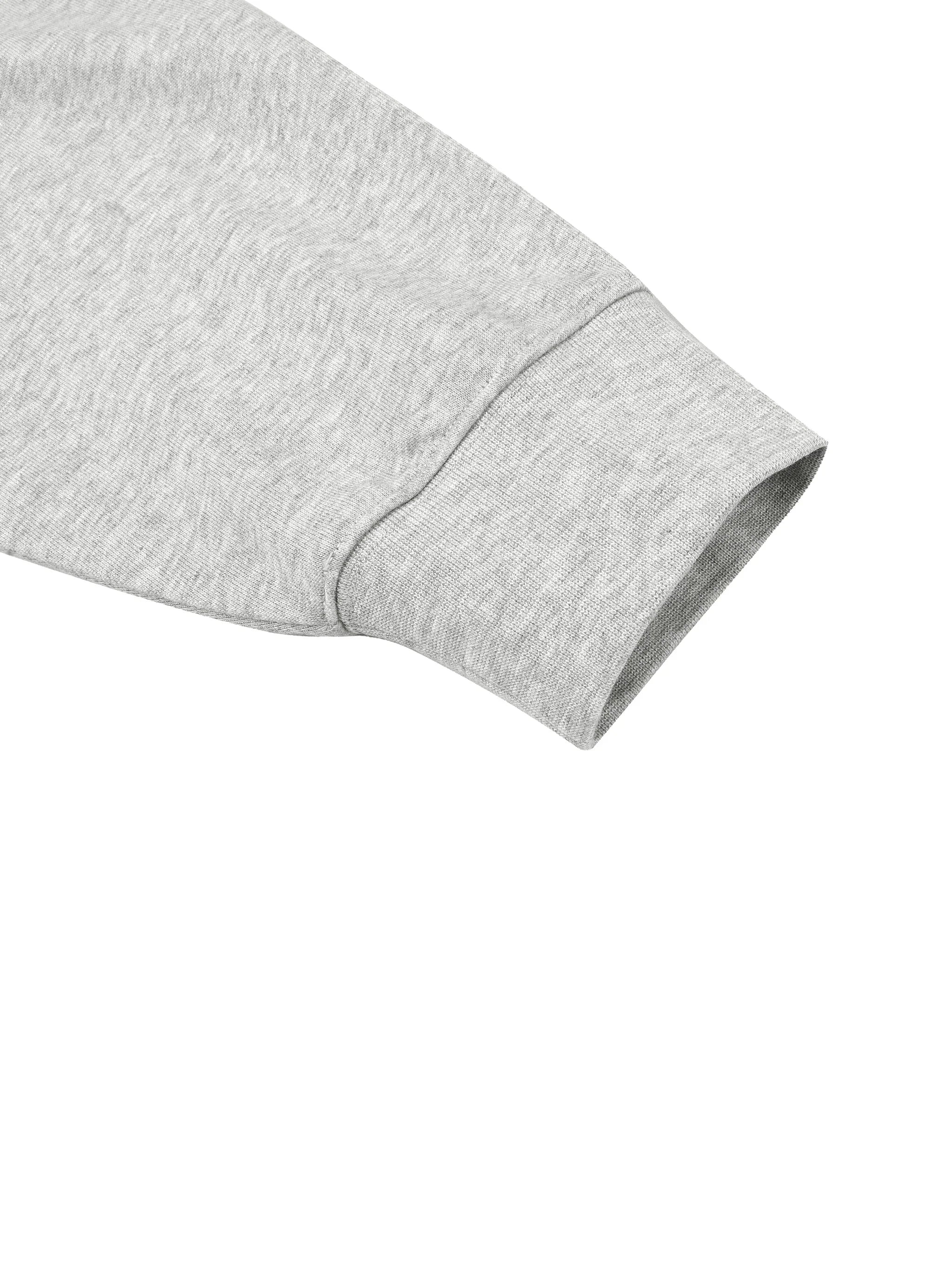 Close-up of a grey heavyweight sweatshirt sleeve with ribbed cuff on white background