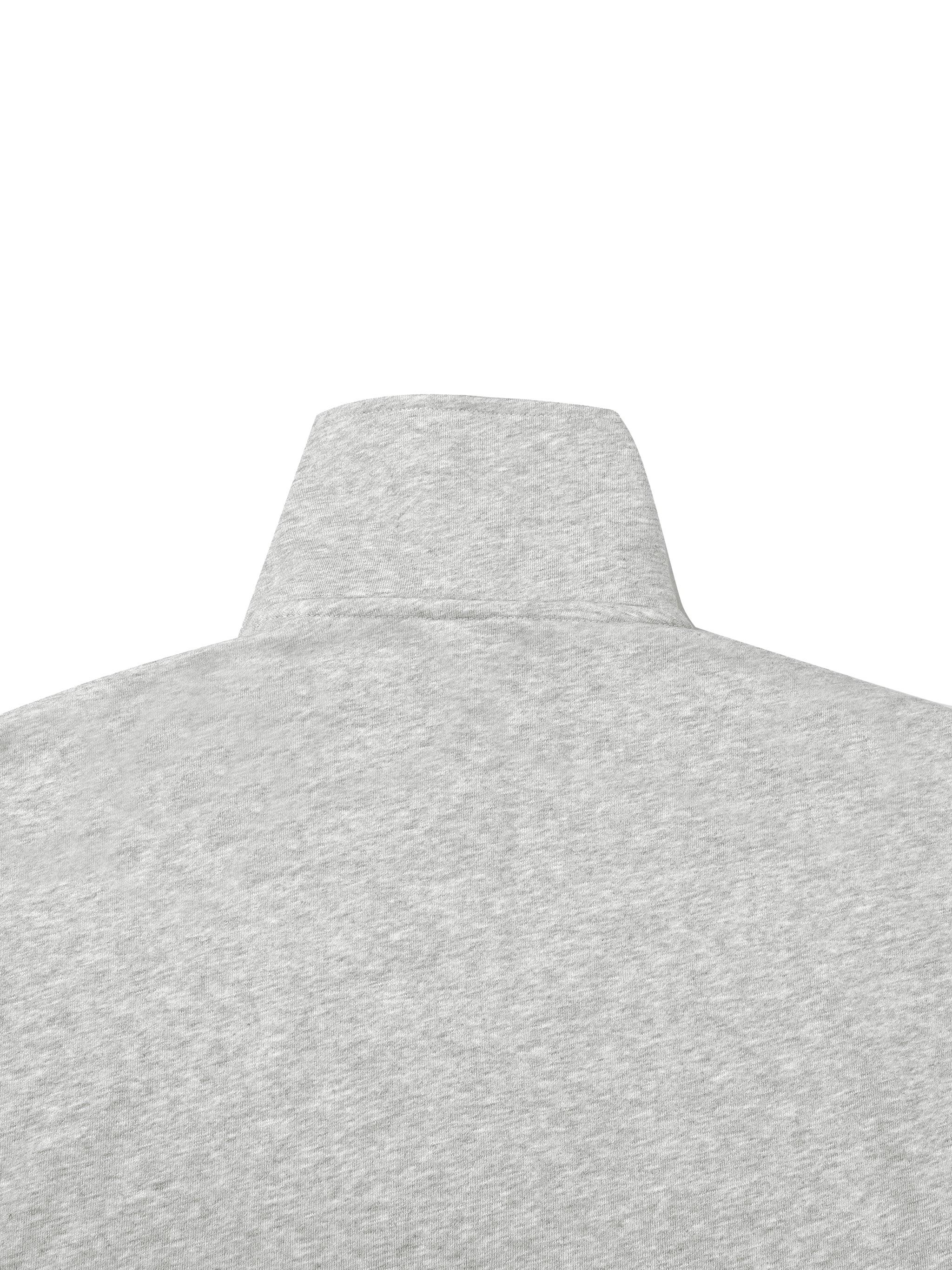 Close-up of light grey heavyweight fleece hoodie collar and upper back.