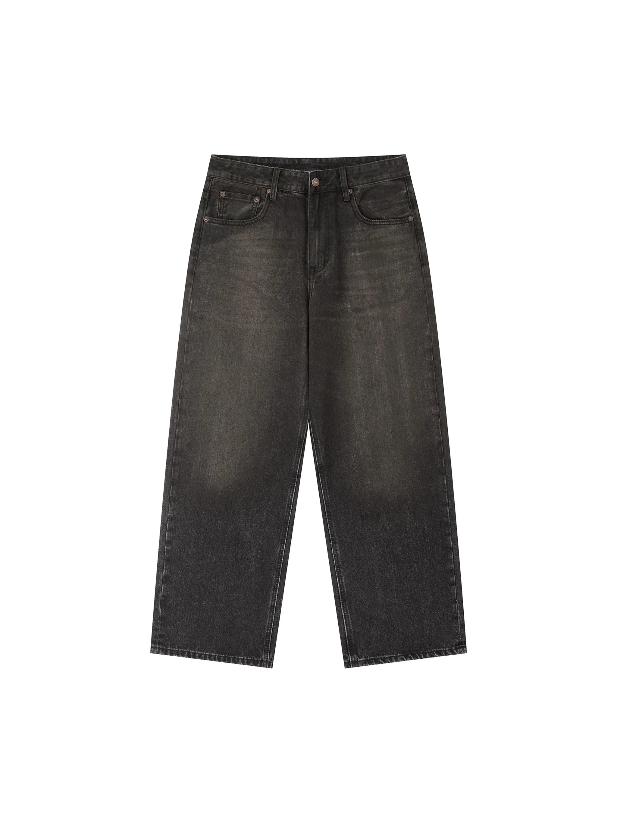 Wide leg vintage black denim jeans with faded wash, five-pocket streetwear style.