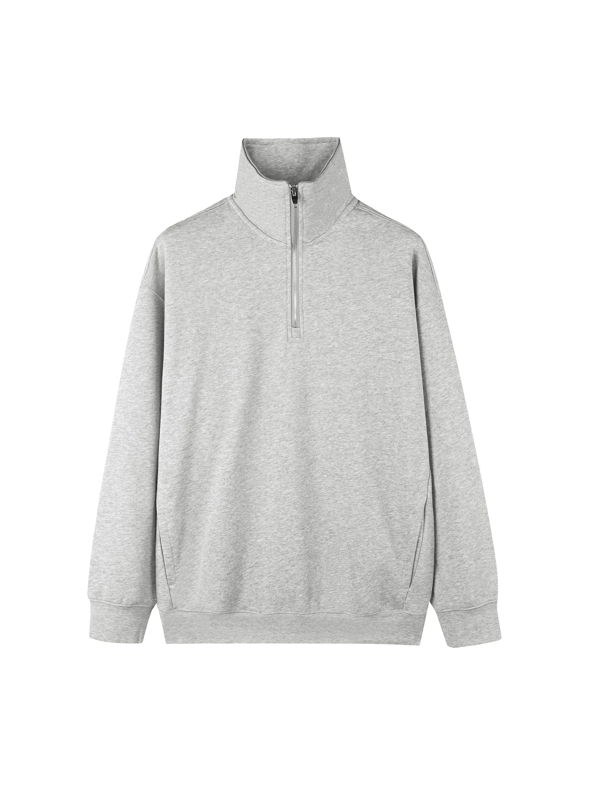 Light grey heavyweight quarter zip pullover with high collar and relaxed fit, front view