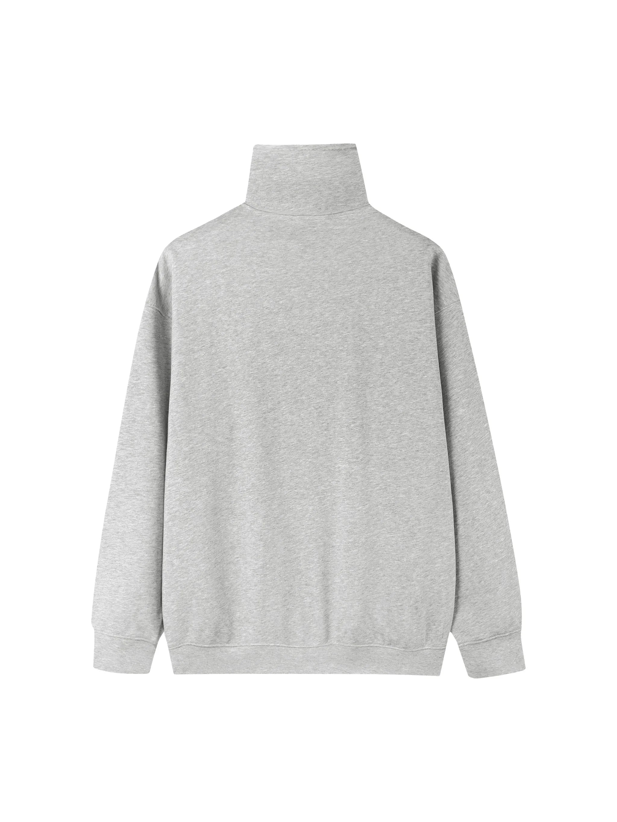 Back view of a light grey heavyweight mock neck sweatshirt with long sleeves, plain design